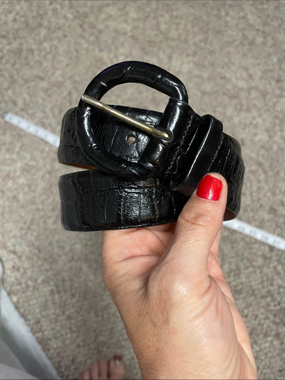 Holt renfrew leather Textured Black Croc-Embossed Round Buckle Belt